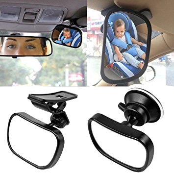 A baby car mirror installed to reflect the baby's image to the front seat